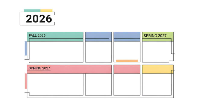Clean, minimalist design of a 2026 academic calendar with color-coded sections for fall and spring semesters