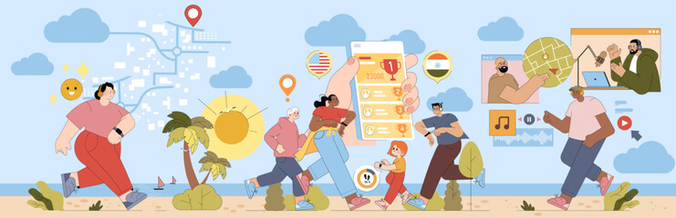 Diverse People Enjoying Fitness and Technology Outdoors