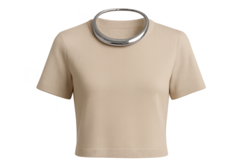 Beige cropped top and sleek silver choker, isolated on transparent background.