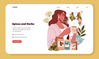 Woman Enjoying Herbal Tea with Spices and Herbs Display