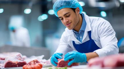 Young butcher packing, raw meat slaughterhouse, industrial food facility, packaging operation activity, meat processing work, commercial food production, quality control focus, fac