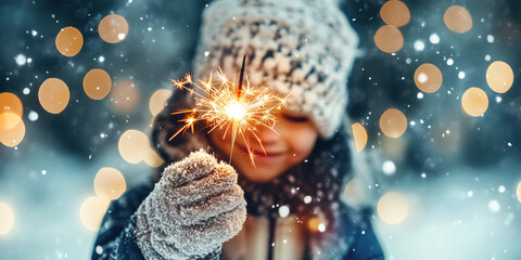Child standing outdoors in winter and holding sparklers in his hands. Christmas and New Year concept.