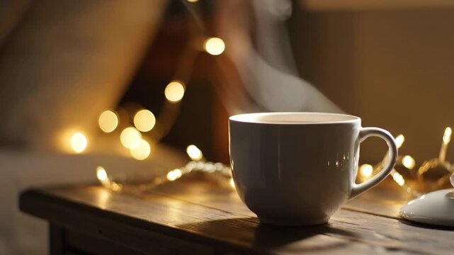 Steaming hot cup of tea or coffee mug on a rustic wooden nightstand with soft golden string lights bokeh backdrop, ideal for cozy evenings and relaxing lifestyle content.