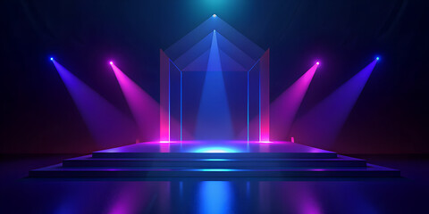 Stunning futuristic stage presentation background illuminated by vibrant magenta and cyan spotlight beams