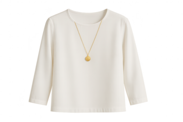 White long-sleeve top with gold necklace, transparent, isolated image.