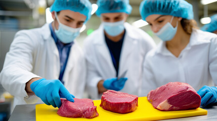 Raw beef meat, yellow cutting board, three food inspectors, wearing white coats, blue gloves hairnet, face mask checking, quality control activity, faceless inspectors present, def