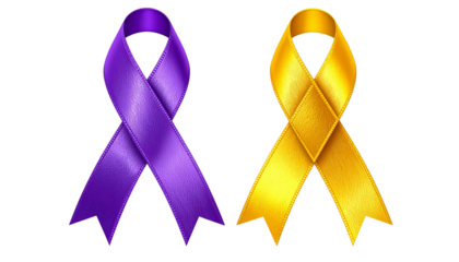 Symbolic 3D Awareness Ribbon Pair – Yellow & Purple PNG – Transparent.