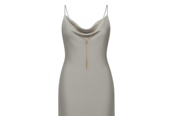 Elegant gray slip dress with golden Y-necklace, isolated on transparent background.