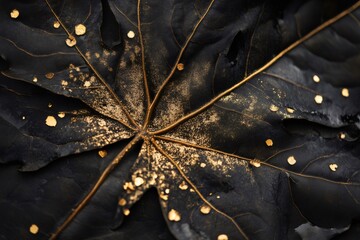 Dark maple leaf showing intricate golden veins and sparkling details, creating a luxurious and elegant natural background