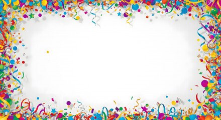 Colorful confetti and streamers frame on white background creating vibrant festive border for celebration