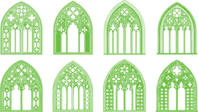 Set of Intricate Green Gothic Window Frames with Decorative Arch Designs