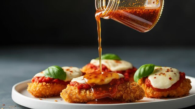 Fried mozzarella bites on a white plate topped with melted cheese, marinara sauce and fresh basil while warm honey drizzle adds sweet contrast to savory breading and golden texture for a sharing appet