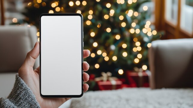 A cozy holiday scene featuring a hand holding a blank smartphone with a decorated Christmas tree in the background.