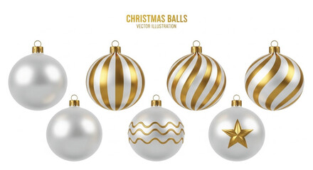 A set of seven realistic 3d christmas tree ornaments in white and gold colors, some plain, some striped, some with wavy patterns, and one with a star, isolated on white background