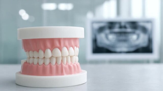 Realistic dental model showcasing human teeth with detailed anatomy in a clinical setting for educational purposes 4k video footage