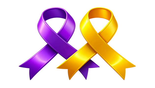 3D Yellow and Purple Awareness Ribbons – Isolated PNG – Transparent Background - Powered by Adobe