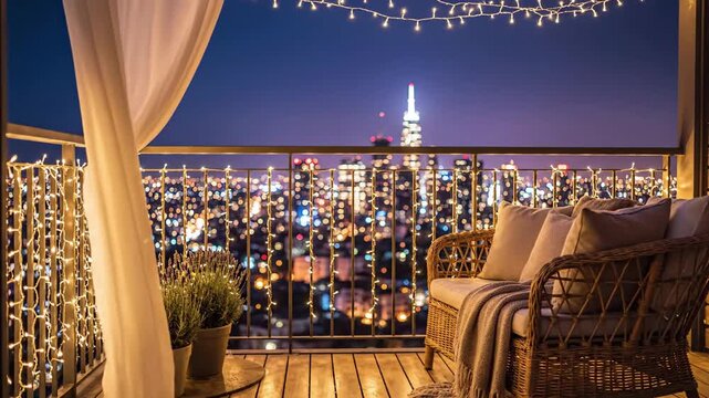 Luxurious and cozy decorated rooftop balcony with string lights and comfortable furniture overlooking a sparkling city skyline at blue hour, perfect for romantic luxury living and travel marketing.