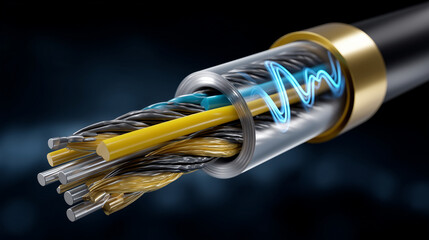 Cross-section of a thick black power cable, greatly magnified. Inside the cable, a vibrant yellow sine wave representing 220V AC electrical current is visible. Superimposed (riding