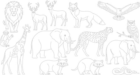 A big bundle Outline wild safari animals vector illustration of coloring page for kids and wild animals from tropical jungle, tiger macaque camel elephant bird lion deer wolf fish etc.