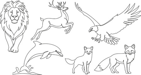 Obraz premium A big bundle Outline wild safari animals vector illustration of coloring page for kids and wild animals from tropical jungle, tiger macaque camel elephant bird lion deer wolf fish etc.