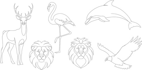 A big bundle Outline wild safari animals vector illustration of coloring page for kids and wild animals from tropical jungle, tiger macaque camel elephant bird lion deer wolf fish etc. © Afia