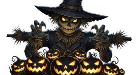 Sinister scarecrow with glowing eyes and spooky carved pumpkins