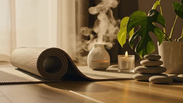 Close-up shot of a mindfulness setting with steam from an essential oil diffuser, a rolled yoga mat, and stacked zen stones illuminated by golden light, perfect for meditation guides and healthy video