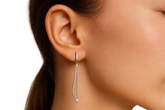 Elegant modern silver earring on a woman's ear, isolated on transparent background - Powered by Adobe