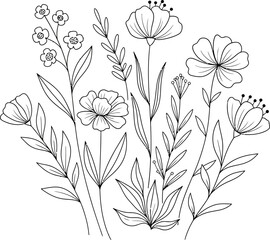 Hand draw Floral Botany Collection for coloring page outline. Elegant Flower Coloring Page – Botanical Sketch Artwork floral design elements for invitation, wedding, wallpaper, print template, vector 