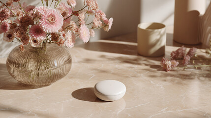 A minimalist decor showcasing a sleek, white circular object, a vase with flowers, and two pottery pieces. The scene evokes a sense of modern elegance and simplicity. 