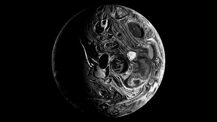 3d render of abstract art, monochrome black and white, video animation with surreal mineral geology stone object moon planet asteroid in organic forms in a deformation process in the dark 