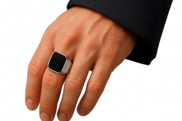 Man's hand wearing a stylish silver ring with black stone, isolated on transparent background