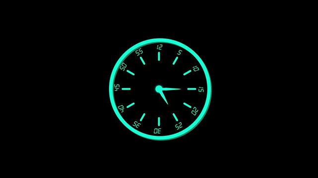 Twelve-hour clock running with continuously moving arrows, presenting a seamless dial loop and rapid twenty-four-hour time-lapse effect as hours transition quickly across a clean white background