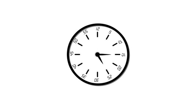 Twelve-hour clock running with continuously moving arrows, presenting a seamless dial loop and rapid twenty-four-hour time-lapse effect as hours transition quickly across a clean white background