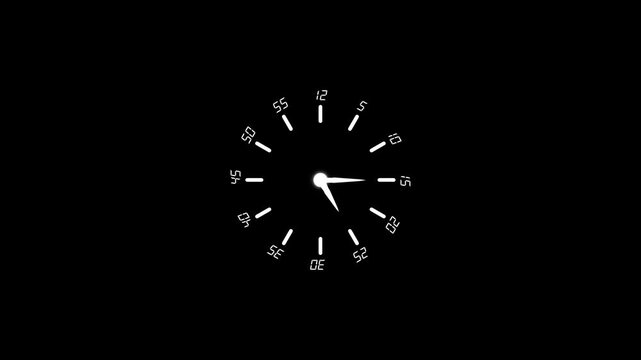 Twelve-hour clock running with continuously moving arrows, presenting a seamless dial loop and rapid twenty-four-hour time-lapse effect as hours transition quickly across a clean white background