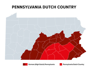 Pennsylvania Dutch Country, political map. The Pennsylvania Dutchland highlighted in red, and the larger region German or High-Dutch Pennsylvania, highlighted in maroon. Isolated illustration. Vector