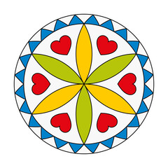 Hex sign, supposed to bring love and good luck. Pennsylvania Dutch folk art from 19th century. A hexafoil and six petal rosette surrounded by 6 red hearts, with a jagged blue border, on a white field.
