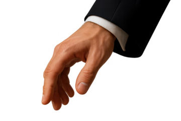 Transparent background: male hand in suit reaching out, elegant gesture.