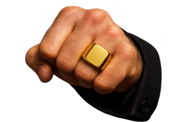Clenched fist with a shiny golden signet ring, isolated on transparent background, powerful.