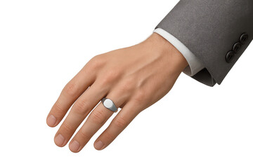 Male hand in a suit jacket with a signet ring, isolated on transparent background