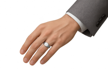 Male hand in a suit jacket with a signet ring, isolated on transparent background
