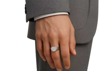 Man's hand with elegant silver signet ring on a transparent background