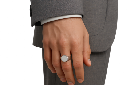 Man's hand with elegant silver signet ring on a transparent background - Powered by Adobe