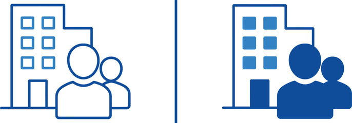 Corporate Office and Business Team Icon: People Standing in Front of a Building for Company Staff