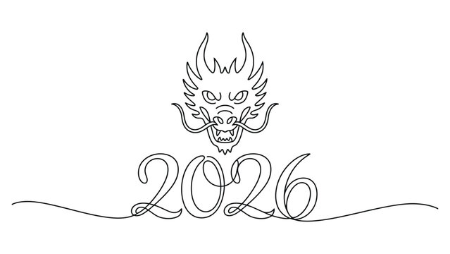 Minimal continuous line art dragon head with elegant 2026 typography representing lunar new year symbol and modern oriental festive celebration design