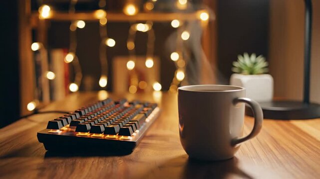 Steaming coffee mug next to a mechanical gaming keyboard with warm orange backlighting on a wooden desk, surrounded by soft string light bokeh, perfect for streaming and coding concepts.