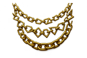 Three ornate golden chains isolated on transparent background, luxurious and decorative design