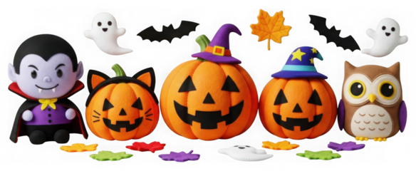 Cheerful felt halloween collection with pumpkins, vampire, ghost.
