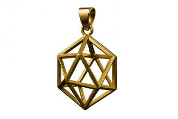 Elegant golden geometric icosahedron pendant isolated on transparent background