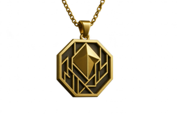 Golden geometric pendant, chain, isolated on transparent background, elegant.